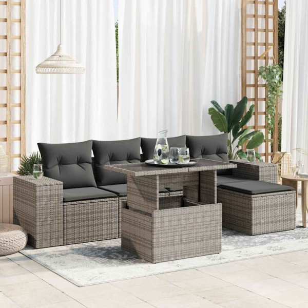 Set de muebles de jardín 6 pzas y cojines ratán sintético gris D