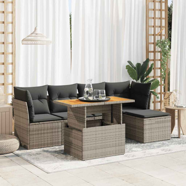 Set de muebles de jardín 6 pzas y cojines ratán sintético gris D