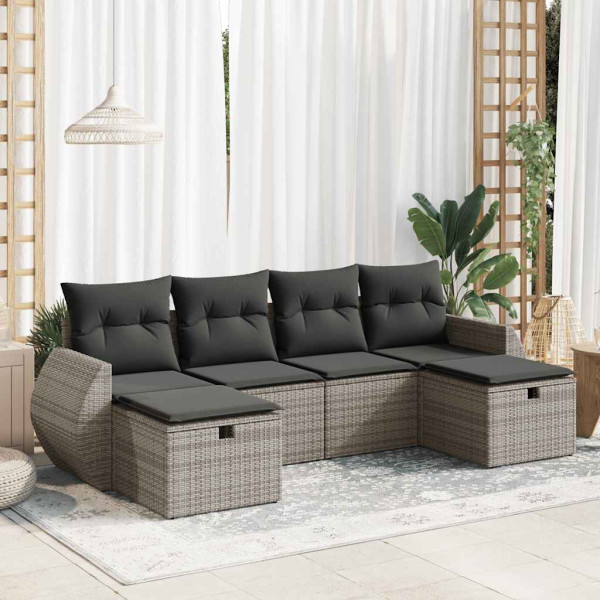 Set de muebles de jardín 6 pzas y cojines ratán sintético gris D