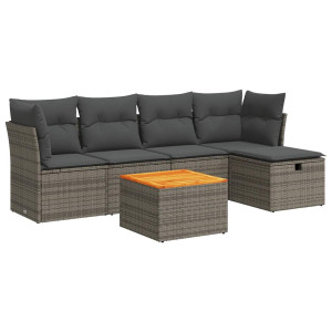 Set de muebles de jardín 6 pzas y cojines ratán sintético gris H