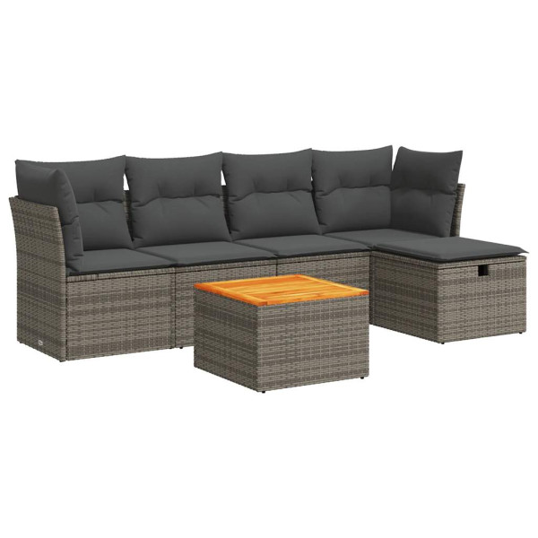 Set de muebles de jardín 6 pzas y cojines ratán sintético gris M 2