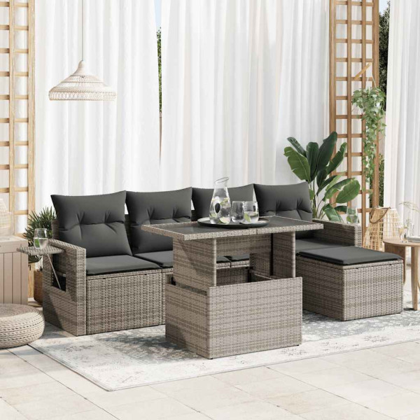 Set de muebles de jardín 6 pzas y cojines ratán sintético gris D