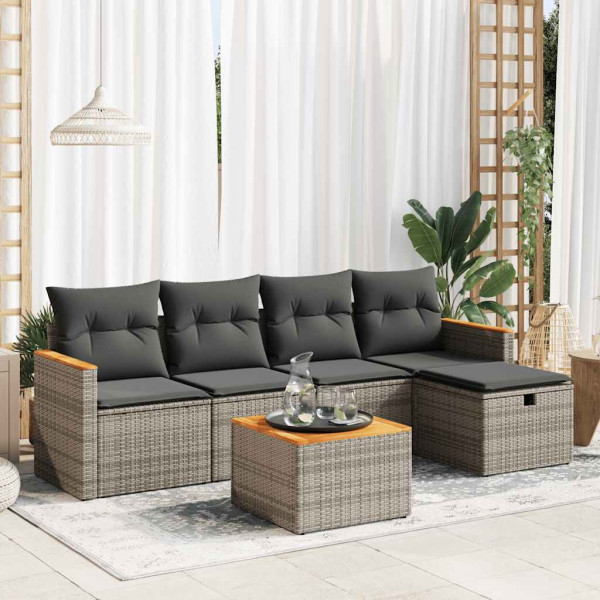 Set de muebles de jardín 6 pzas y cojines ratán sintético gris D