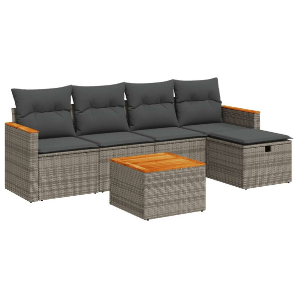 Set de muebles de jardín 6 pzas y cojines ratán sintético gris M 2