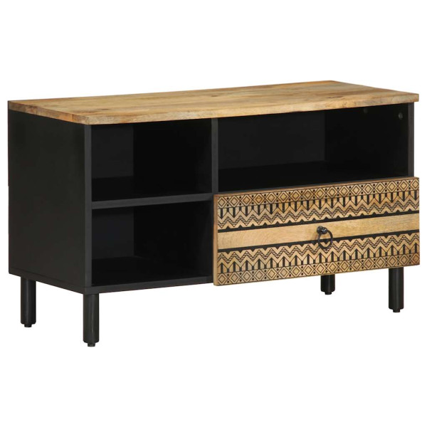 Mueble de TV madera maciza de mango rugosa negro 80x33.5x46 cm D