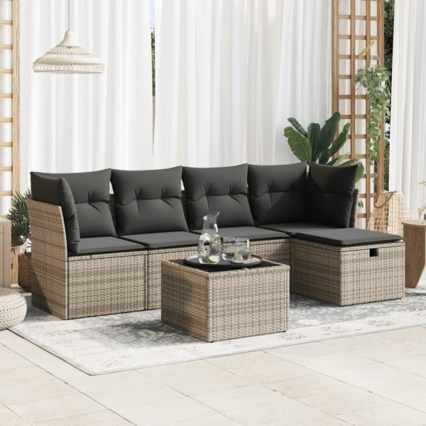 Set de muebles de jardín 6 pzas y cojines ratán sintético gris D