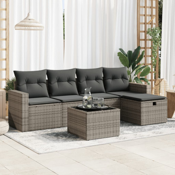 Set de muebles de jardín 6 pzas y cojines ratán sintético gris D