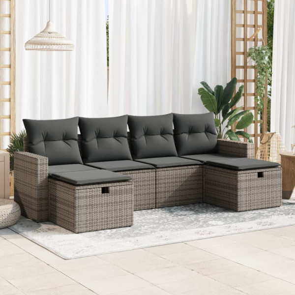 Set de muebles de jardín 6 pzas y cojines ratán sintético gris D