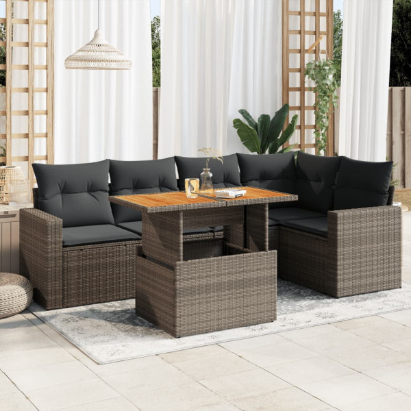 Set de muebles de jardín 6 pzas y cojines ratán sintético gris D