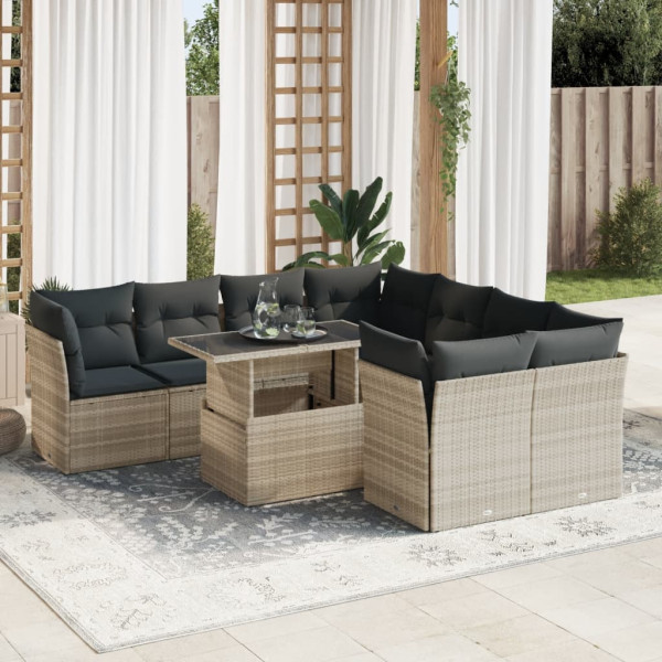 Set muebles jardín 9 pzas y cojines ratán sintético gris claro D