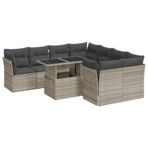 Set muebles jardín 9 pzas y cojines ratán sintético gris claro H