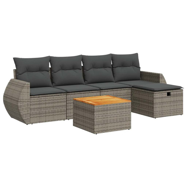 Set de muebles de jardín 6 pzas y cojines ratán sintético gris M 2