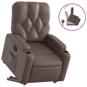Sillón reclinable elevable cuero sintético marrón H