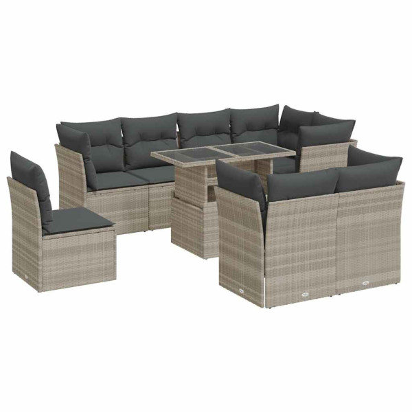 Set muebles jardín 9 pzas y cojines ratán sintético gris claro M 2
