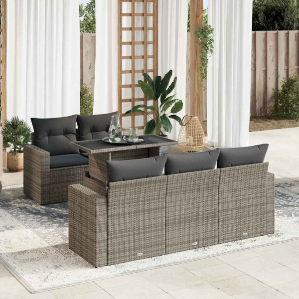 Set de muebles de jardín 6 pzas y cojines ratán sintético gris D