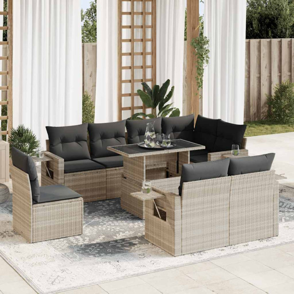 Set muebles jardín 9 pzas y cojines ratán sintético gris claro D