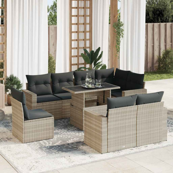 Set muebles jardín 9 pzas y cojines ratán sintético gris claro D