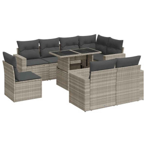 Set muebles jardín 9 pzas y cojines ratán sintético gris claro H