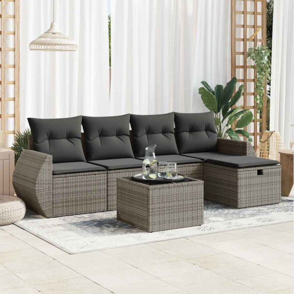 Set de muebles de jardín 6 pzas y cojines ratán sintético gris D