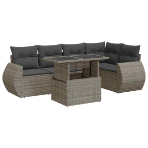 Set de muebles de jardín 6 pzas y cojines ratán sintético gris H