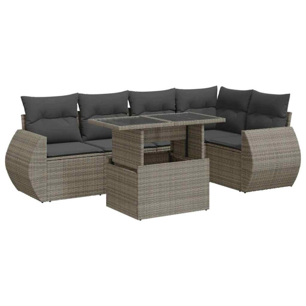 Set de muebles de jardín 6 pzas y cojines ratán sintético gris M 2