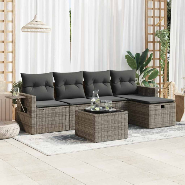 Set de muebles de jardín 6 pzas y cojines ratán sintético gris D