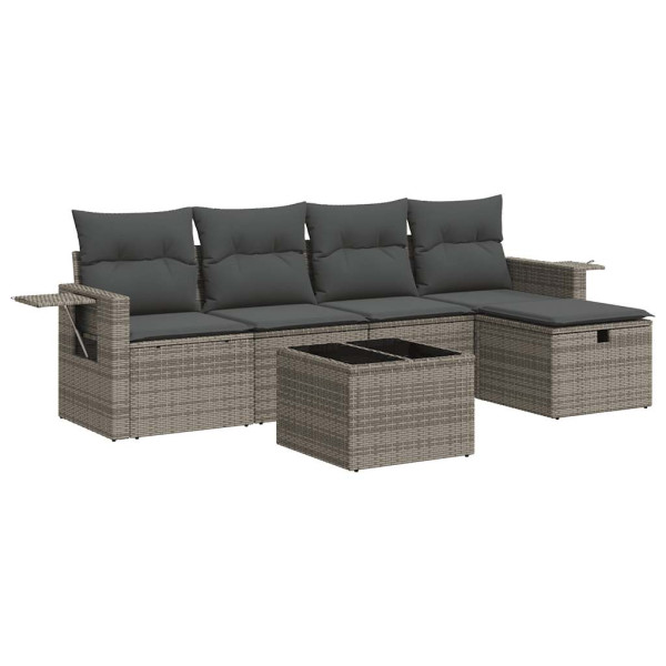 Set de muebles de jardín 6 pzas y cojines ratán sintético gris M 2