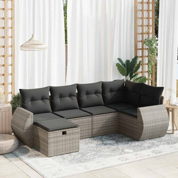 Set de muebles de jardín 6 pzas y cojines ratán sintético gris D