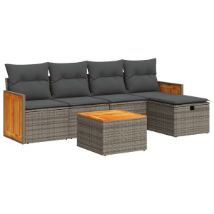 Set de muebles de jardín 6 pzas y cojines ratán sintético gris H