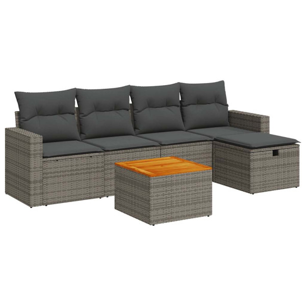 Set de muebles de jardín 6 pzas y cojines ratán sintético gris M 2