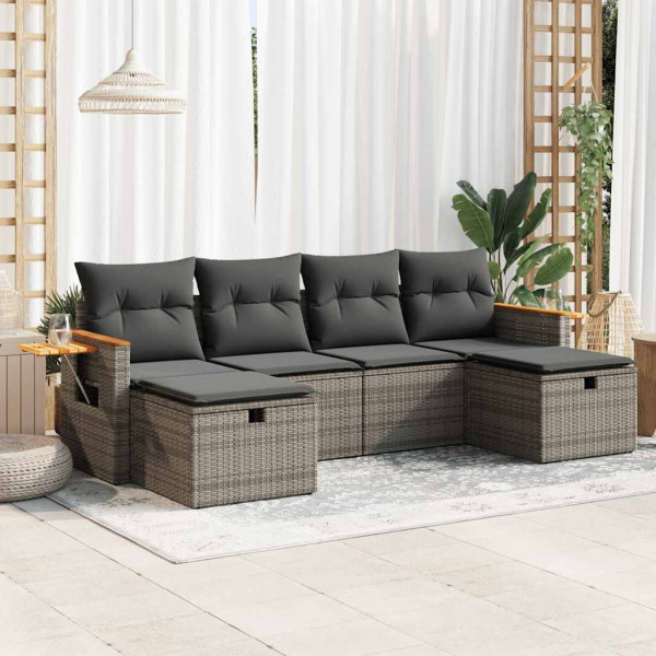Set de muebles de jardín 6 pzas y cojines ratán sintético gris D
