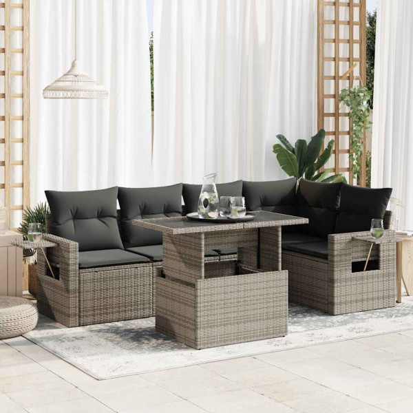 Set de muebles de jardín 6 pzas y cojines ratán sintético gris D