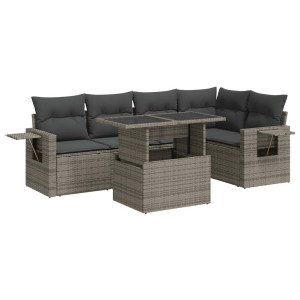 Set de muebles de jardín 6 pzas y cojines ratán sintético gris H