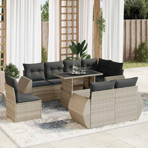 Set muebles jardín 9 pzas y cojines ratán sintético gris claro D