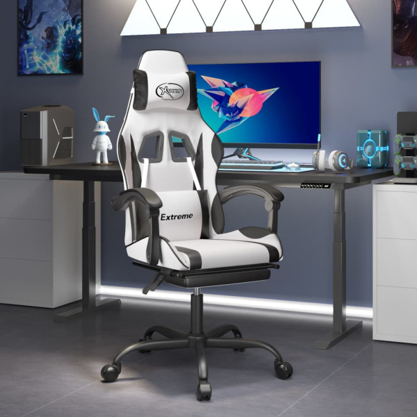 Silla gaming giratoria reposapiés cuero sintético blanco negro M 3