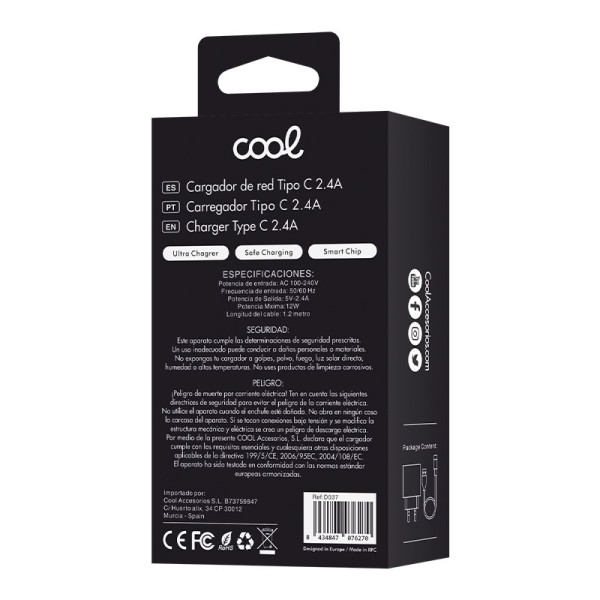 Carregador conector vermelho Tipo-C (2.4 Amp) Universal COOL Kit 2 em 1 branco M 5