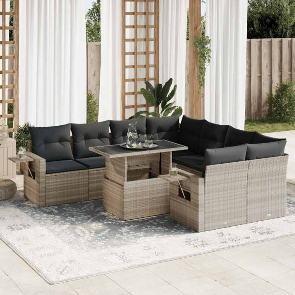 Set muebles jardín 9 pzas y cojines ratán sintético gris claro D
