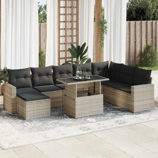 Set muebles jardín 9 pzas y cojines ratán sintético gris claro D