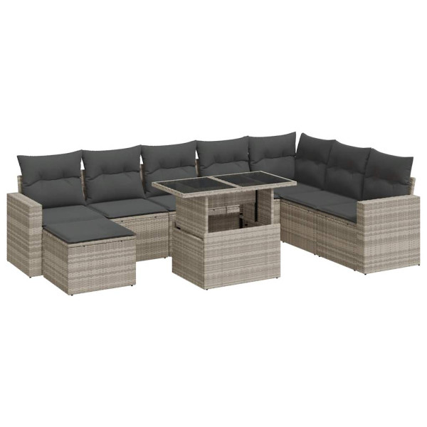 Set muebles jardín 9 pzas y cojines ratán sintético gris claro M 2