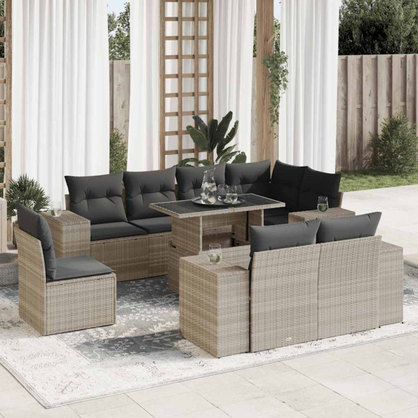 Set muebles jardín 9 pzas y cojines ratán sintético gris claro D