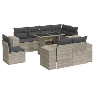 Set muebles jardín 9 pzas y cojines ratán sintético gris claro H