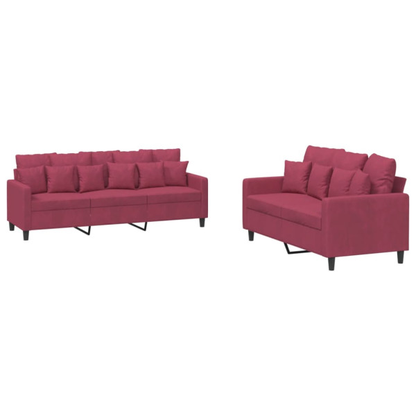 2 pcs conjunto de sofás com almofadões veludo vermelho tinto M 2