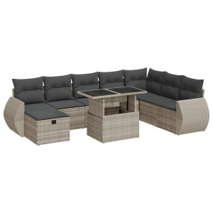 Set muebles jardín 9 pzas y cojines ratán sintético gris claro H