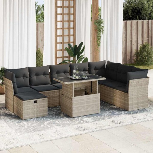 Set muebles jardín 9 pzas y cojines ratán sintético gris claro D