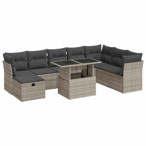 Set muebles jardín 9 pzas y cojines ratán sintético gris claro H