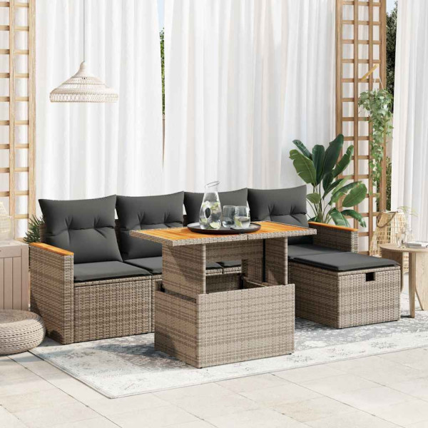 Set de muebles de jardín 6 pzas y cojines ratán sintético gris D