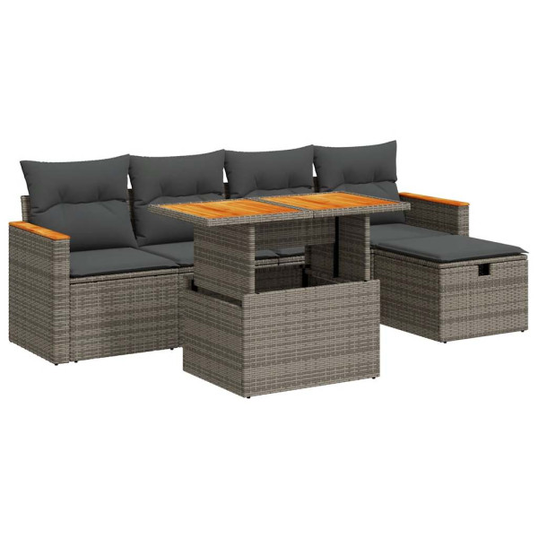 Set de muebles de jardín 6 pzas y cojines ratán sintético gris M 2