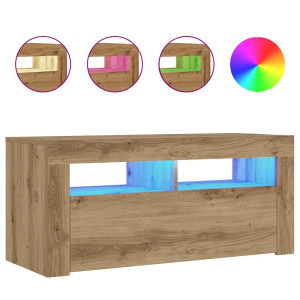 Mueble de TV luces LED madera roble artisan 90x35x40 cm H