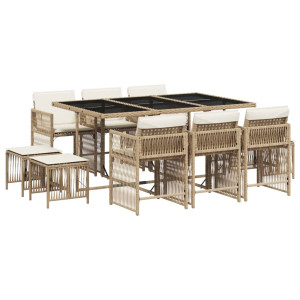 Set comedor de jardín 11 pzas con cojines ratán sintético beige H