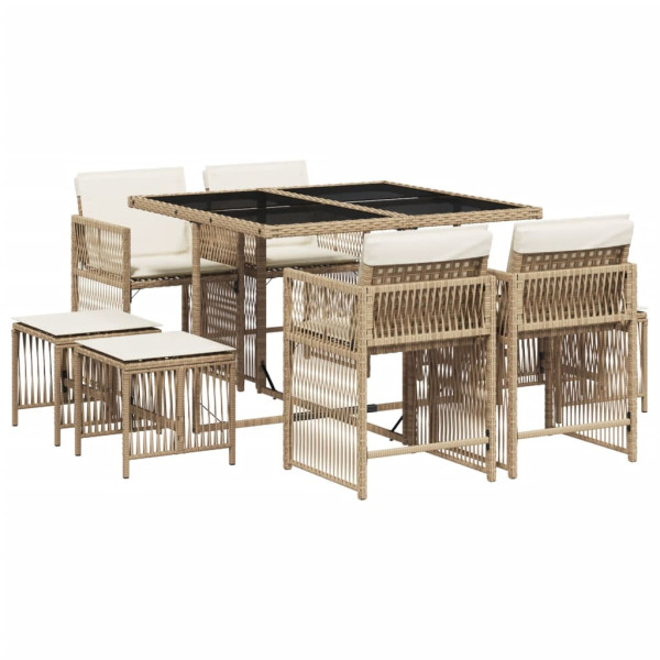 Set comedor de jardín 9 pzas con cojines ratán sintético beige M 2
